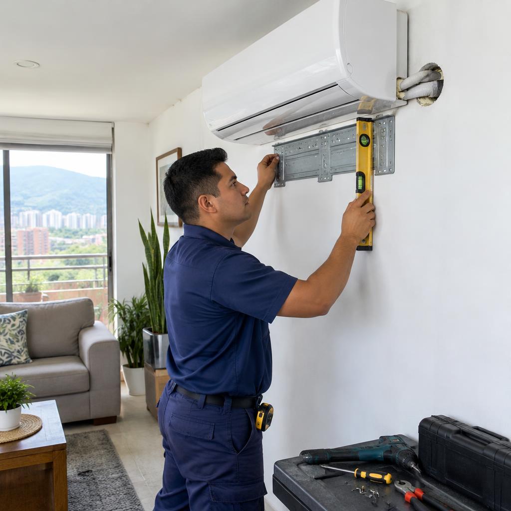 Técnico verificando el nivel durante una instalación