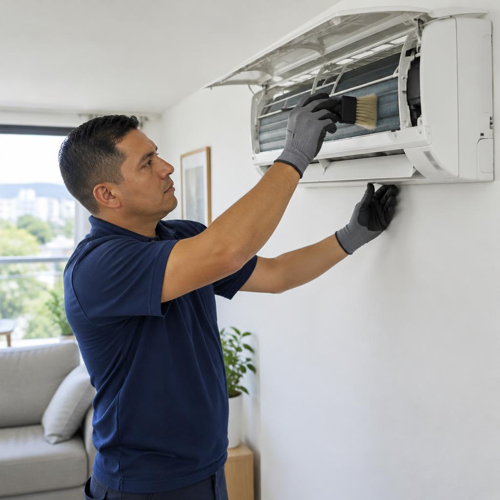 Técnico limpiando un aire acondicionado de pared