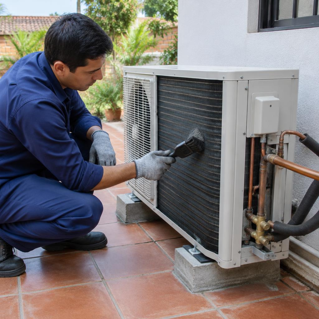Técnico limpiando el condensador exterior de aire acondicionado