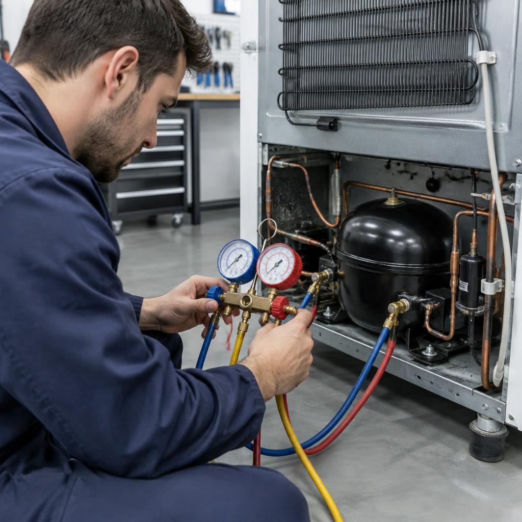 Técnico revisando el sistema de refrigeración con manómetros