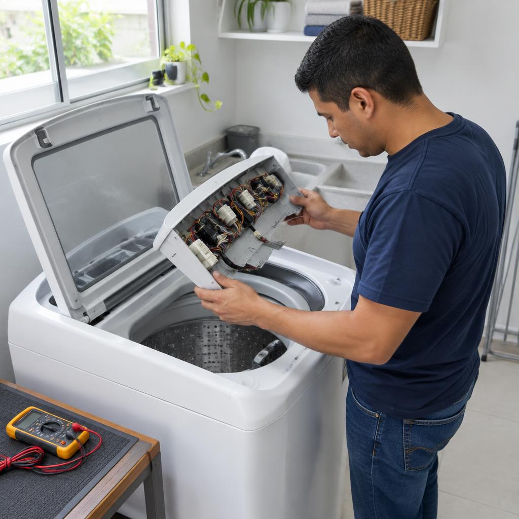 Técnico revisando una lavadora de carga superior